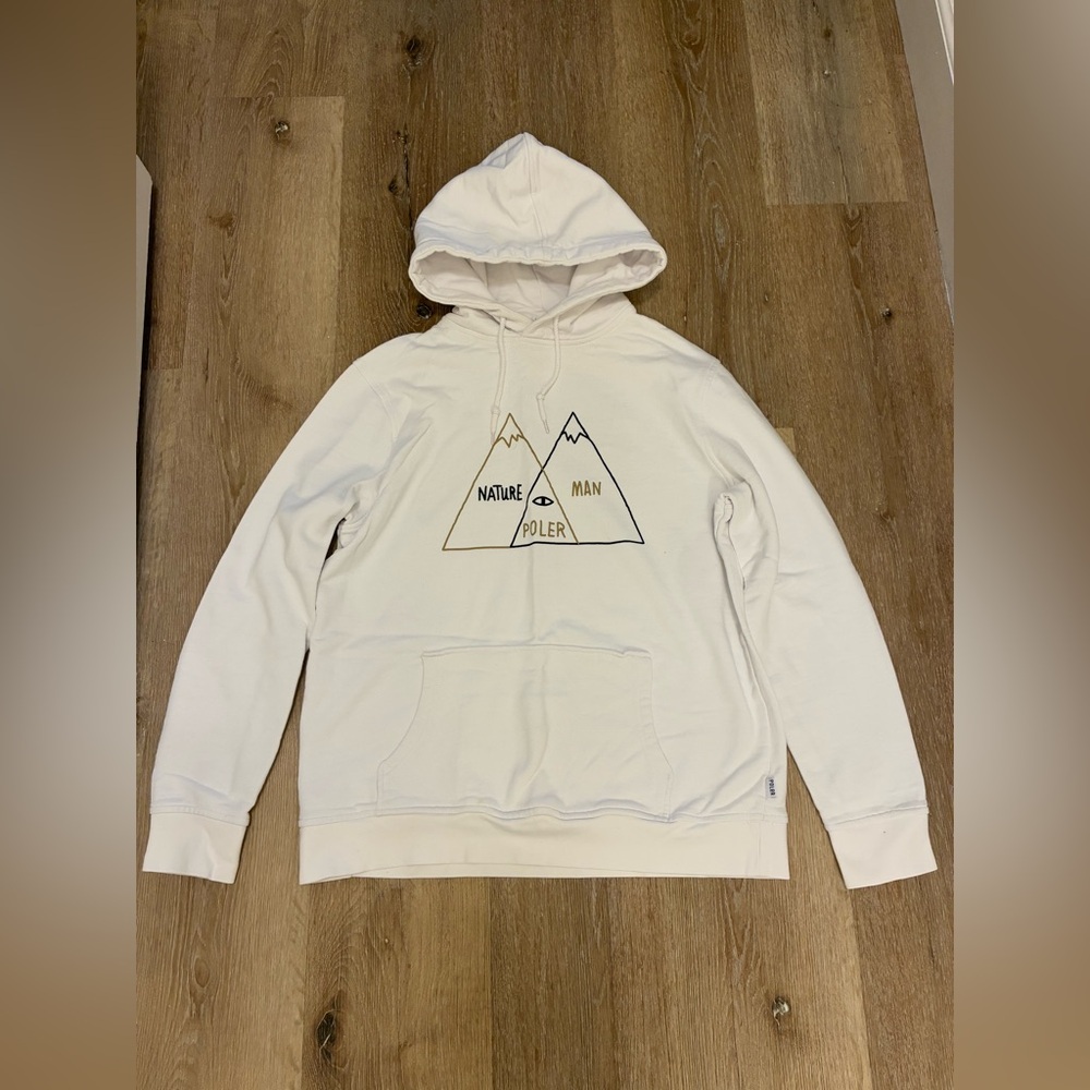 Poler White Pullover Hoodie Men’s M Nature Man Mountain Graphic